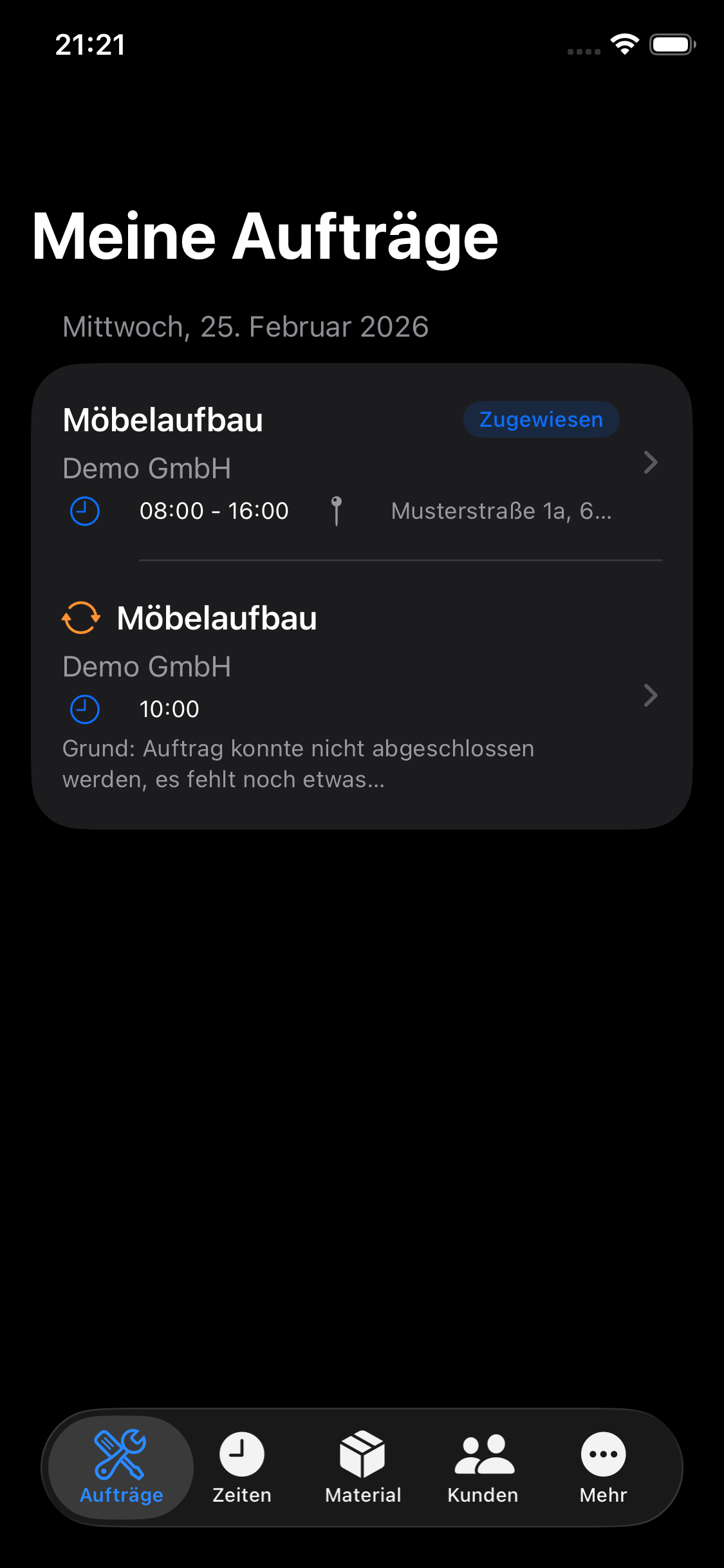 Digitale Auftragsverwaltung in der Mein-Rapport.de App – Dark Mode Ansicht
