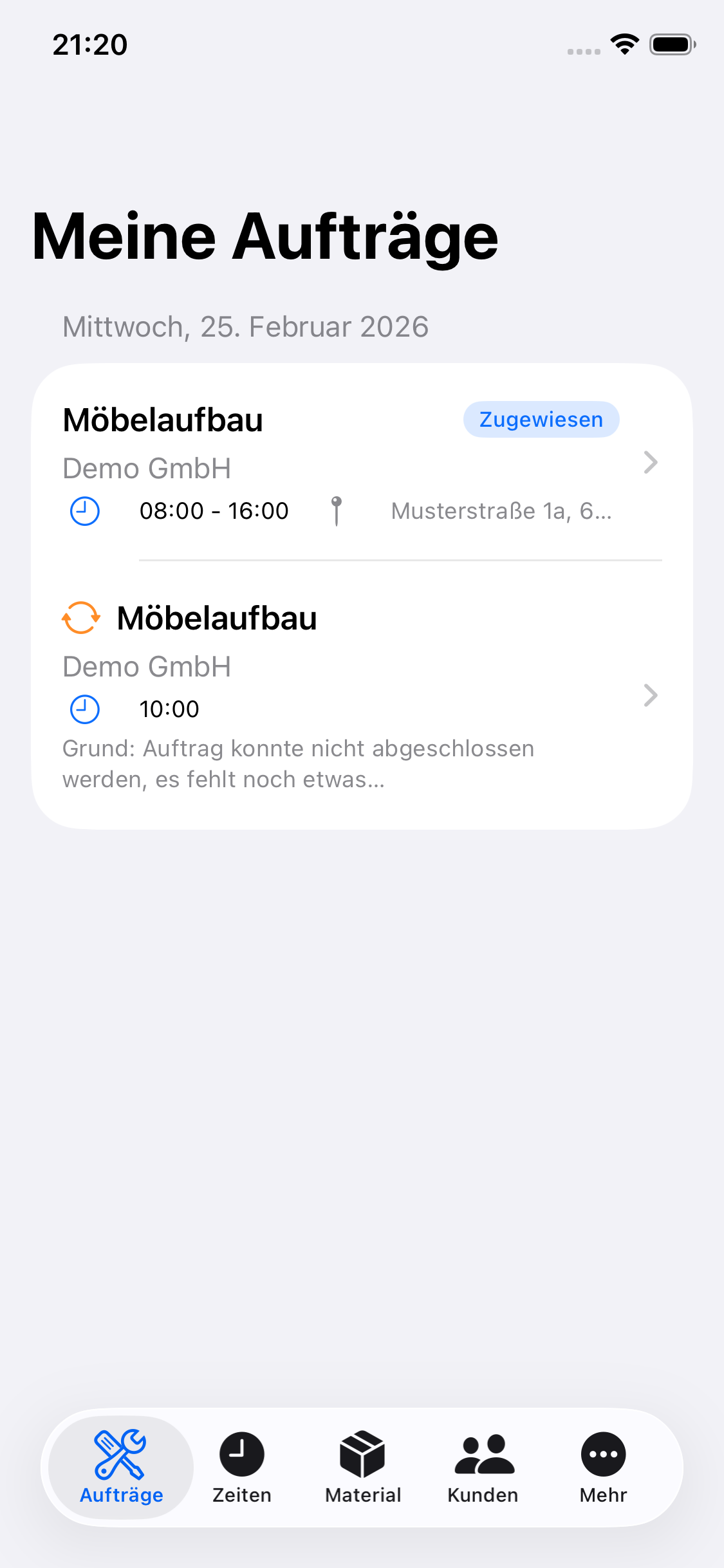 Mein-Rapport.de Handwerker-App – Auftragsübersicht im Light Mode auf dem iPhone