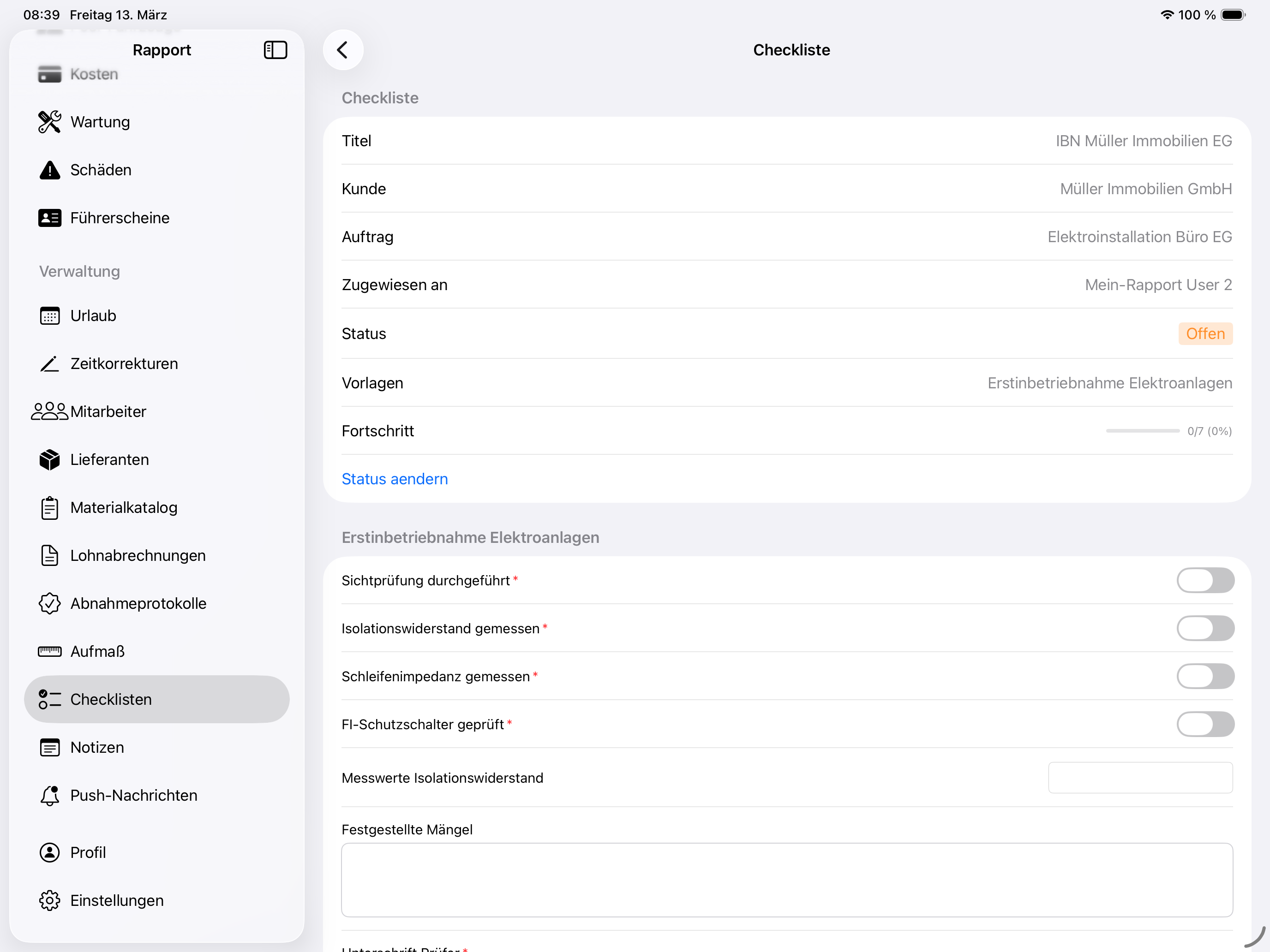 Digitale Checklisten mit Unterschrift in der Mein-Rapport.de Handwerker-App