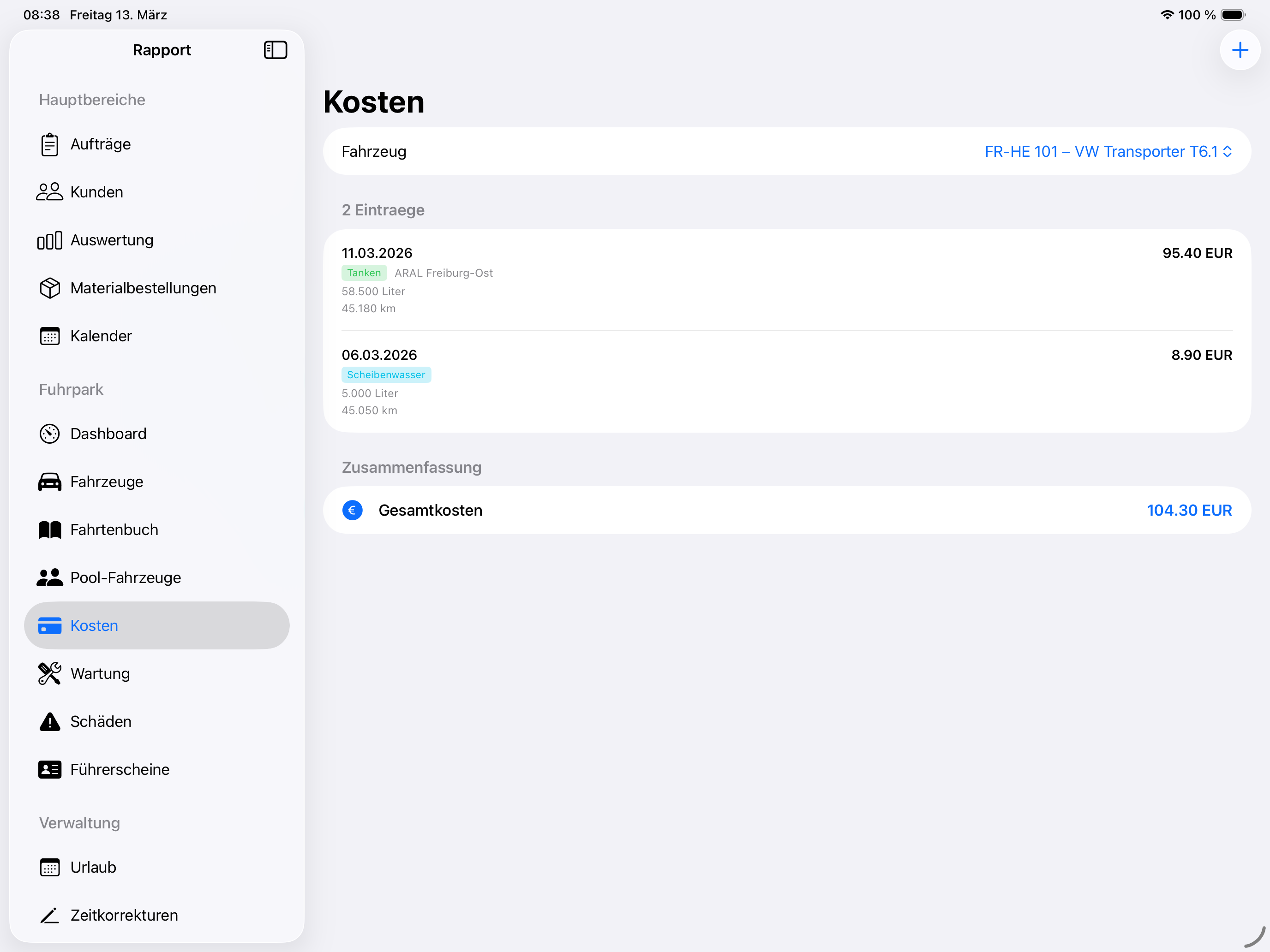 Fahrzeugkosten-Übersicht mit Belegerfassung in der Mein-Rapport.de App