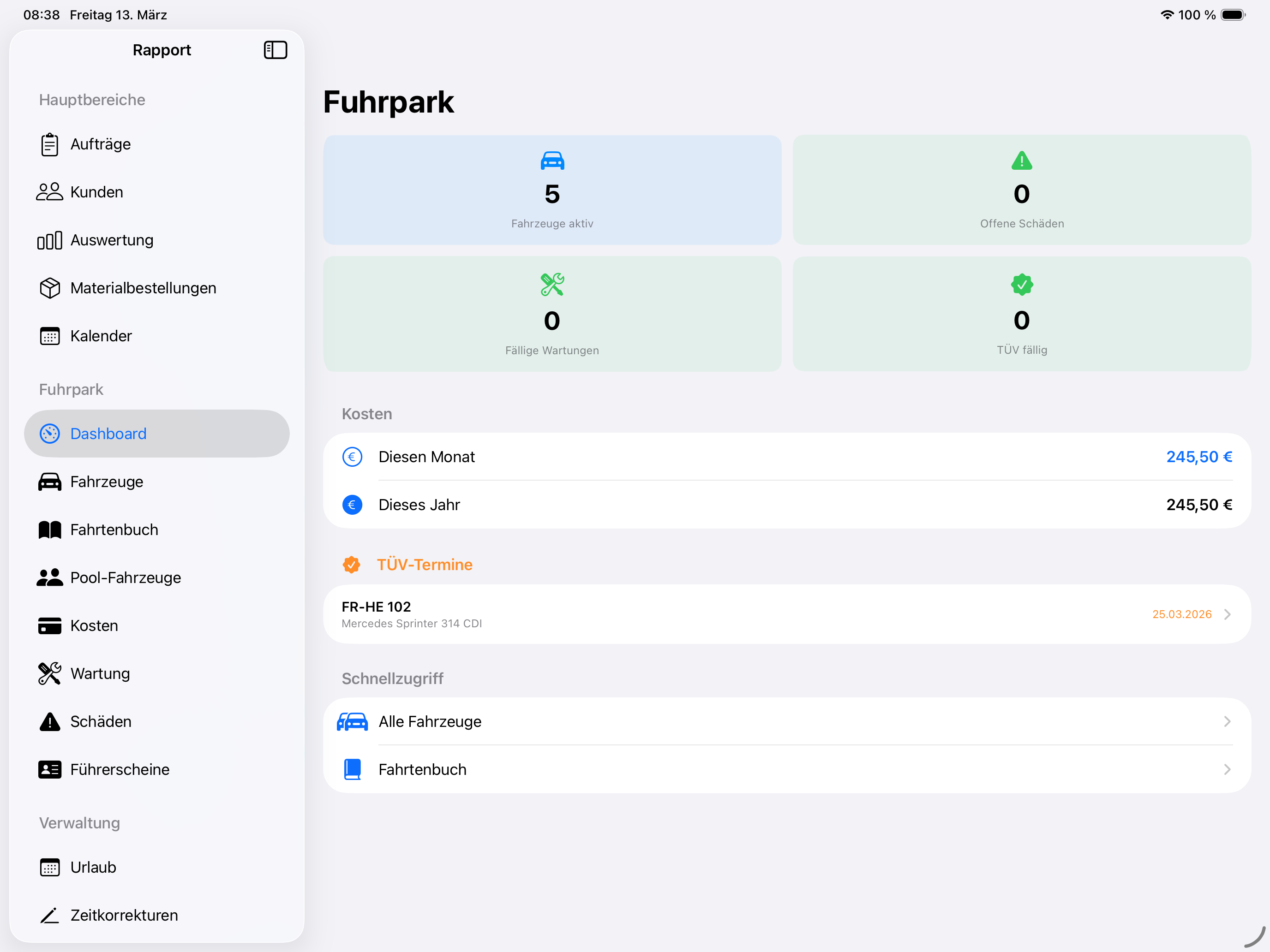 Fuhrpark-Dashboard in der Mein-Rapport.de App – Fahrzeuge, Wartungen und TÜV-Fristen