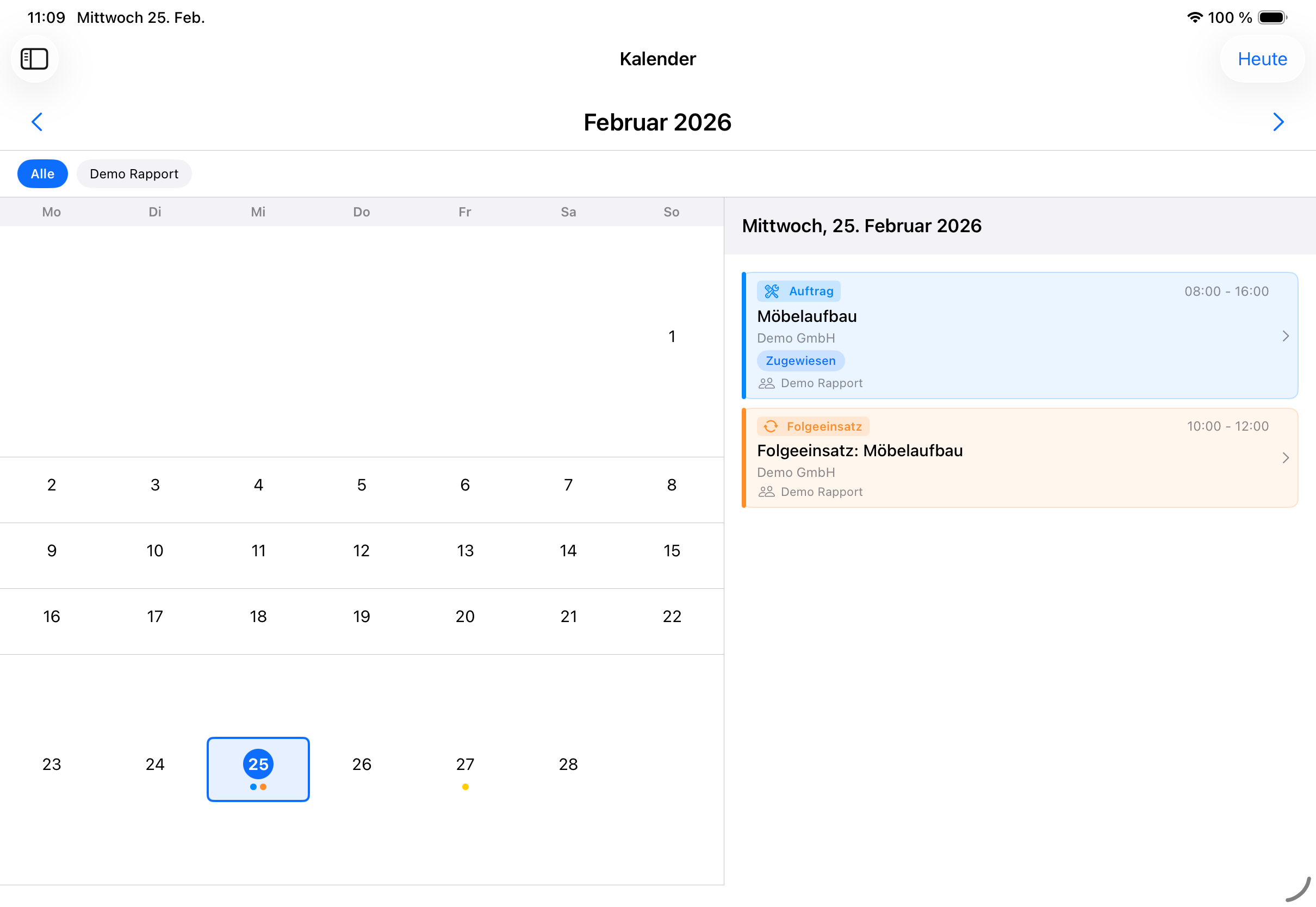 Integrierter Kalender der Mein-Rapport.de App auf dem iPad – Einsatz- und Urlaubsplanung