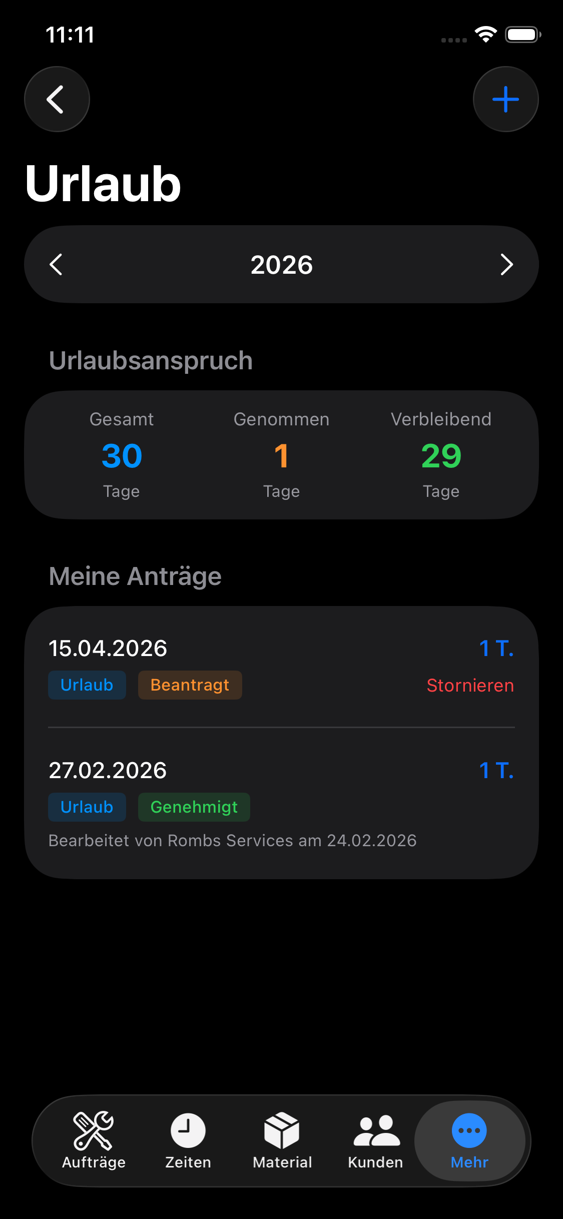 Digitale Urlaubsverwaltung für Handwerksbetriebe in der Mein-Rapport.de App