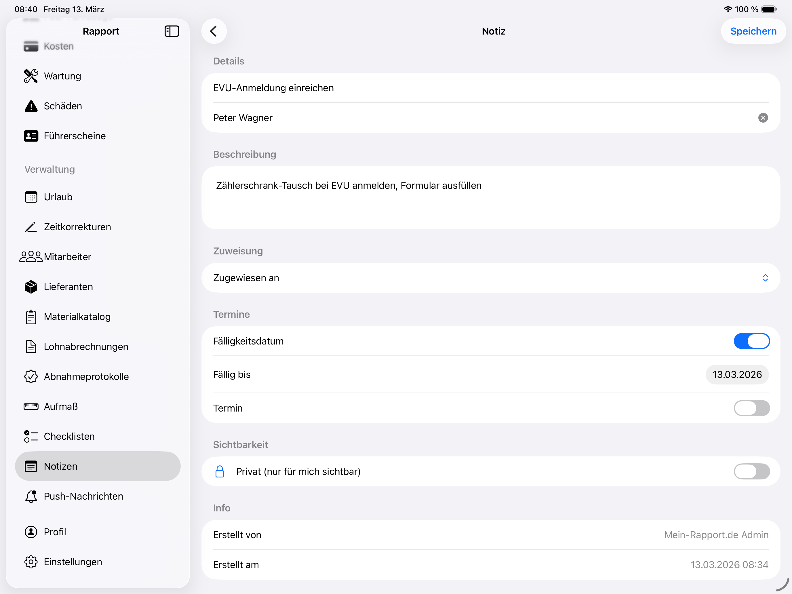 Kunden-Notizen mit Wiedervorlage in der Mein-Rapport.de App