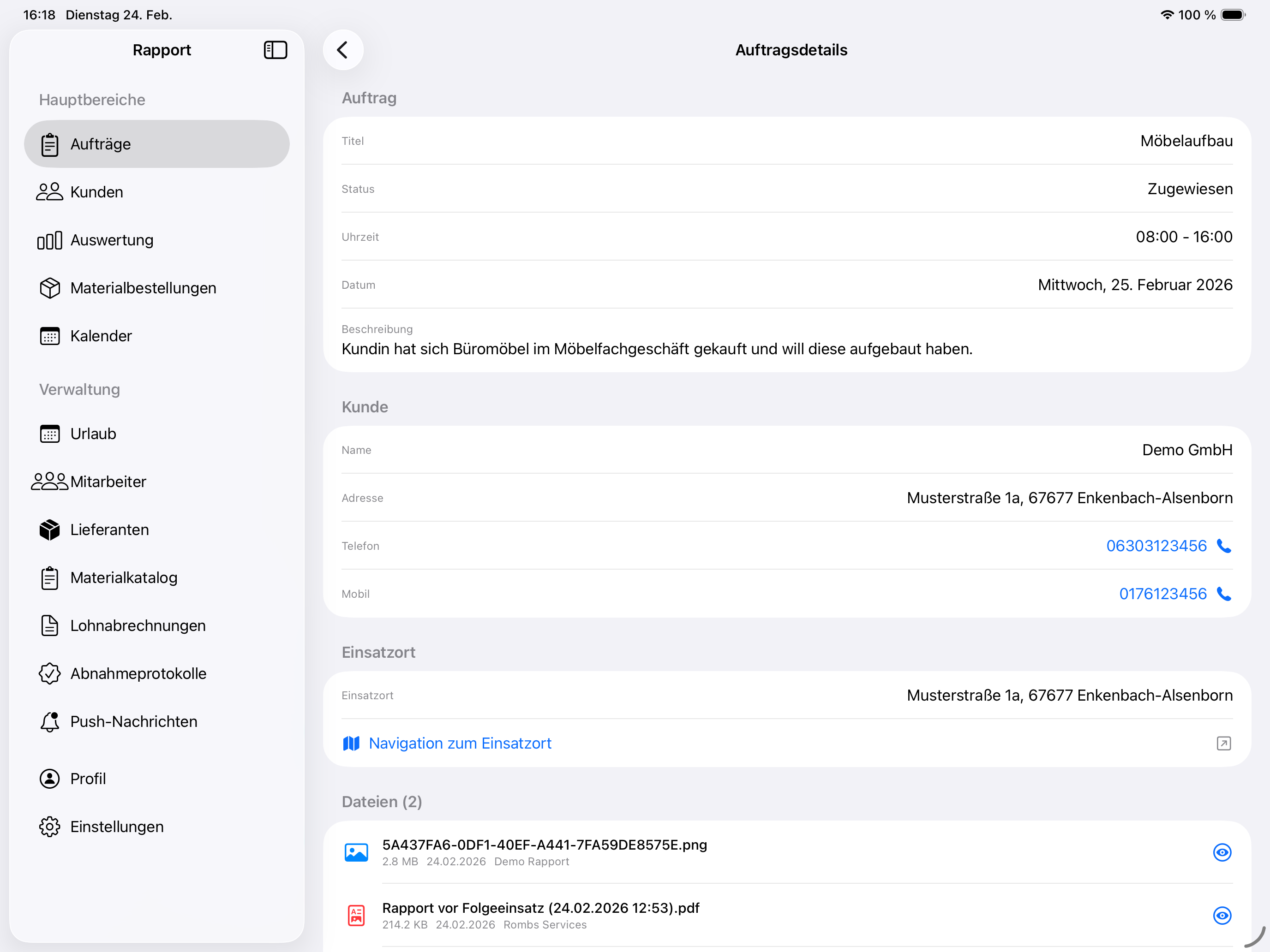 Mein-Rapport.de auf dem iPad Pro – Auftragsdetails mit Dateien und Fotos