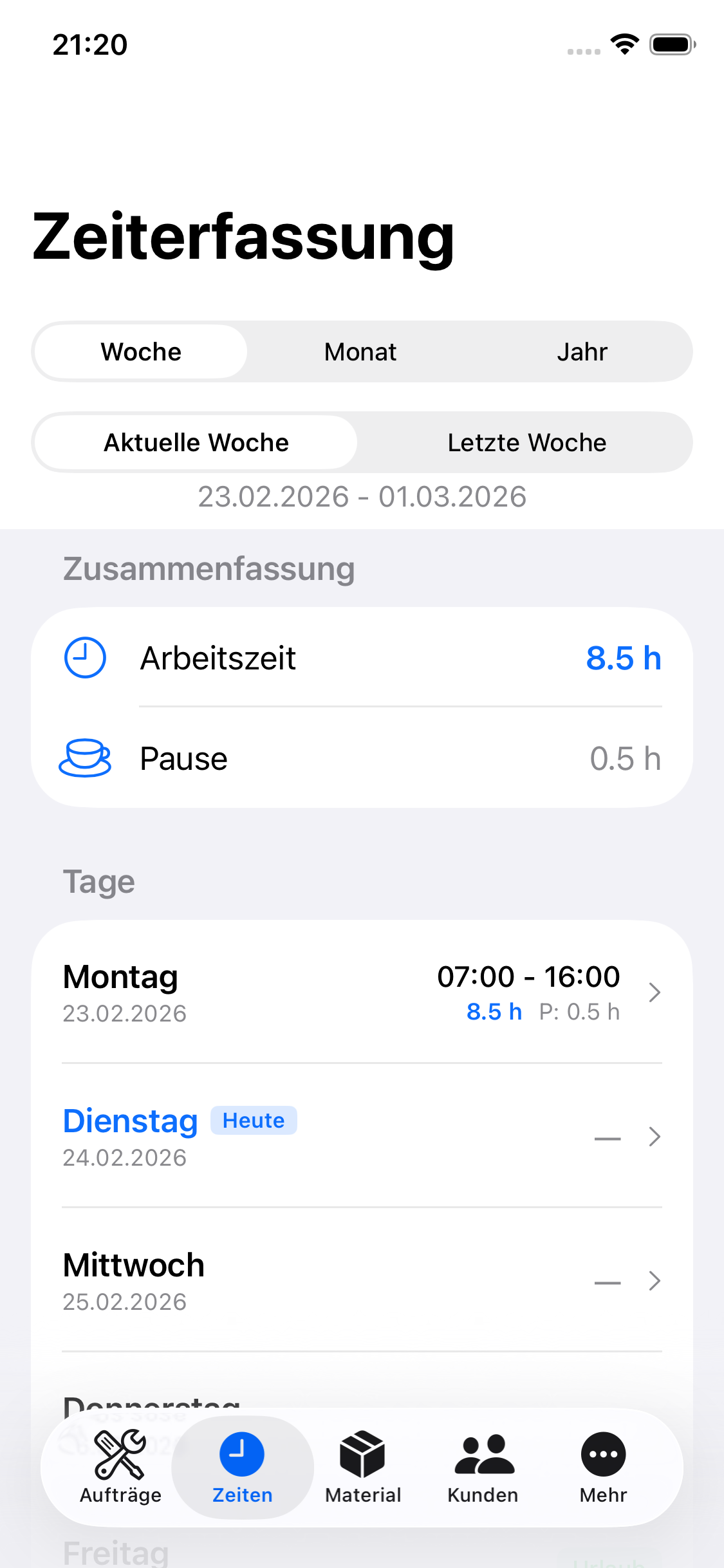 Digitale Zeiterfassung für Handwerker in der Mein-Rapport.de App auf dem iPhone