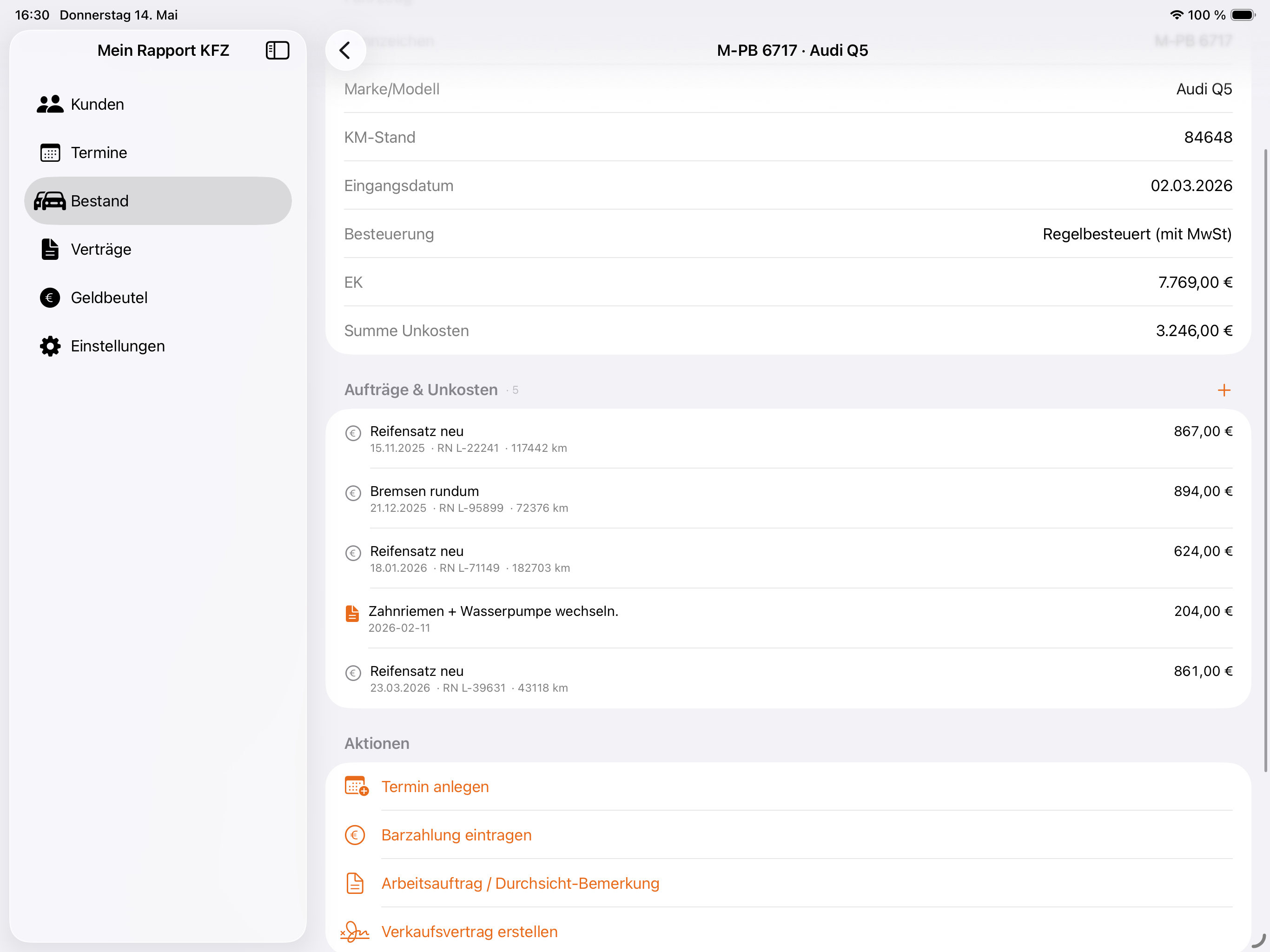 Bestand-Detail mit Aktions-Sektion auf dem iPad